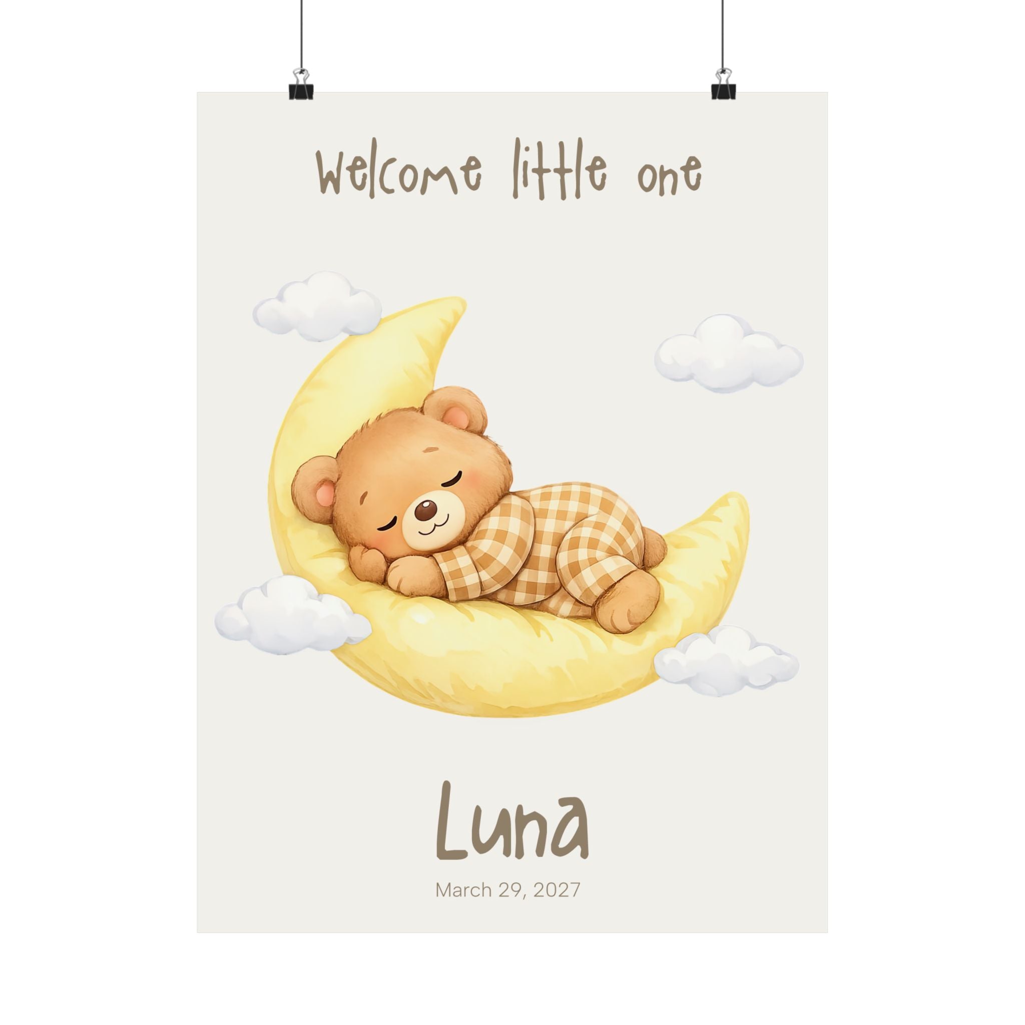 Personalized sleepy bear on moon nursery poster with custom baby name and birth date