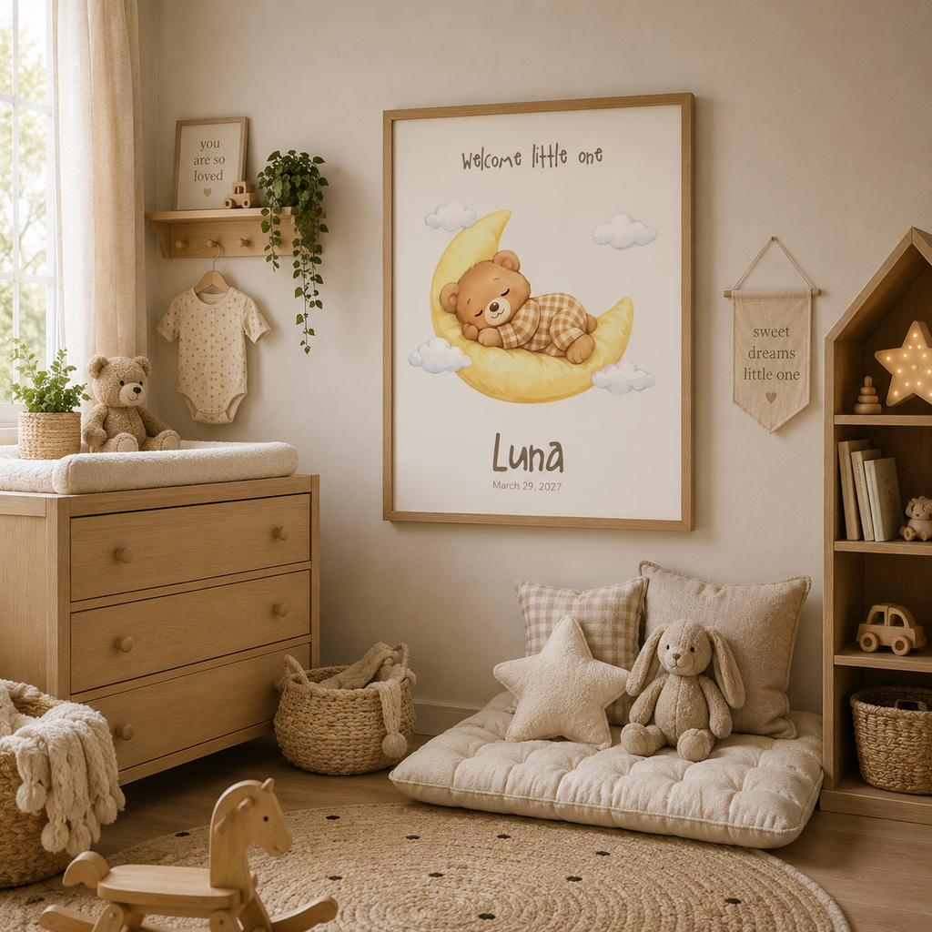 Sleepy bear on crescent moon baby name poster in nursery room