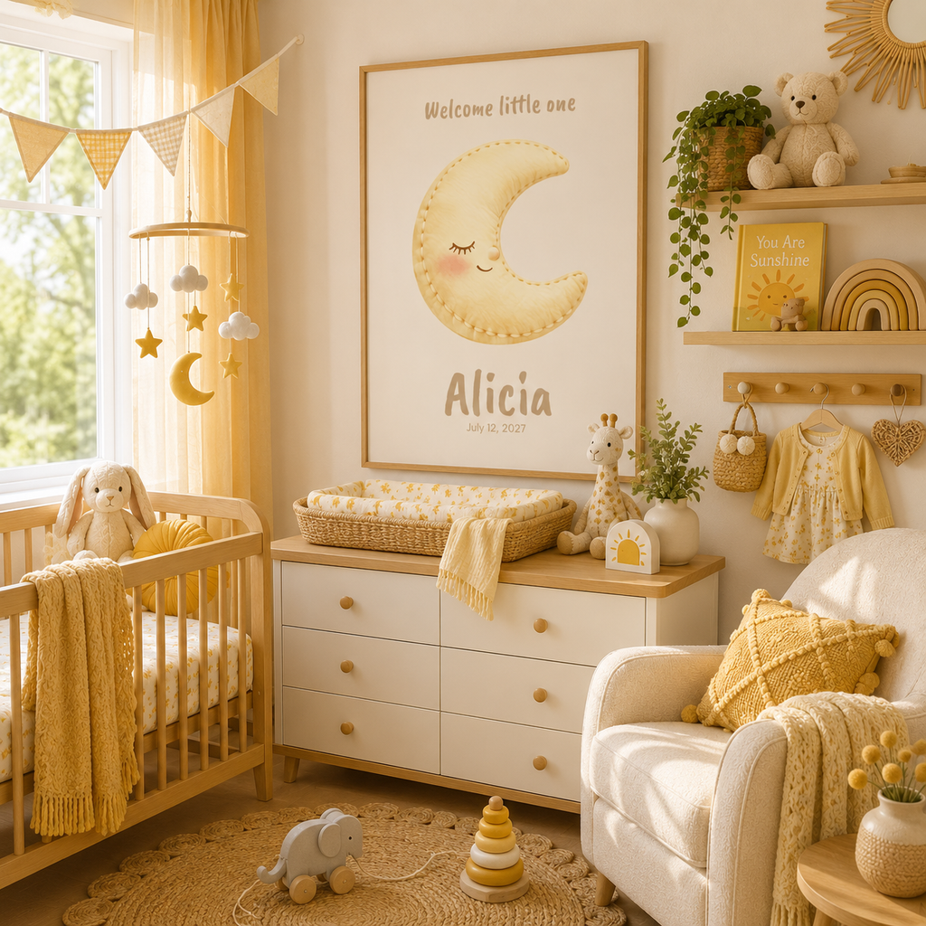 Close-up of sleepy moon poster showing personalized name and birth date