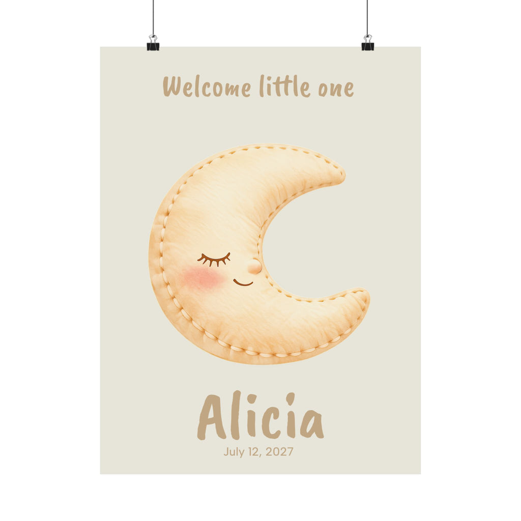 Personalized sleepy crescent moon nursery poster with custom baby name and birth date