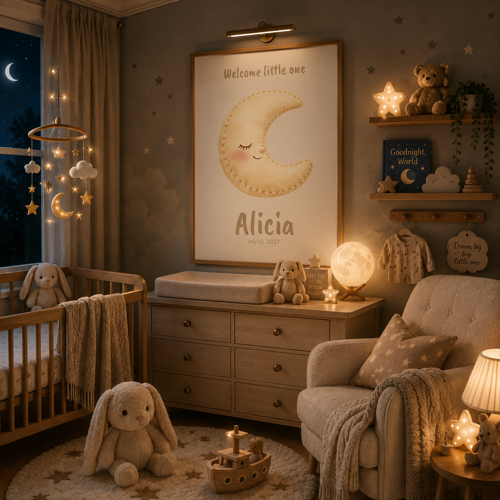 Soft stitched moon baby name poster in nursery room