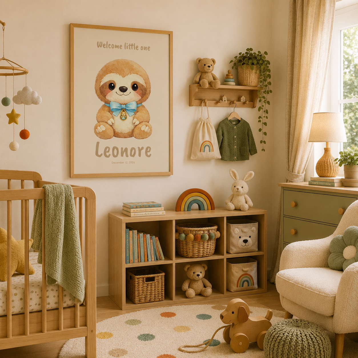 Close-up of sloth nursery poster showing personalized name and birth date