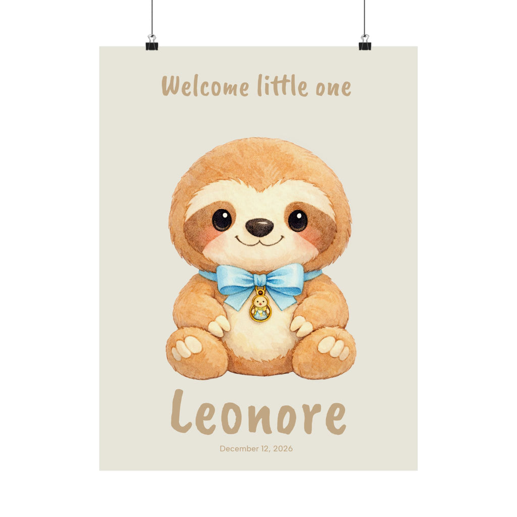 Personalized sloth nursery poster with bow and charm, custom baby name and birth date