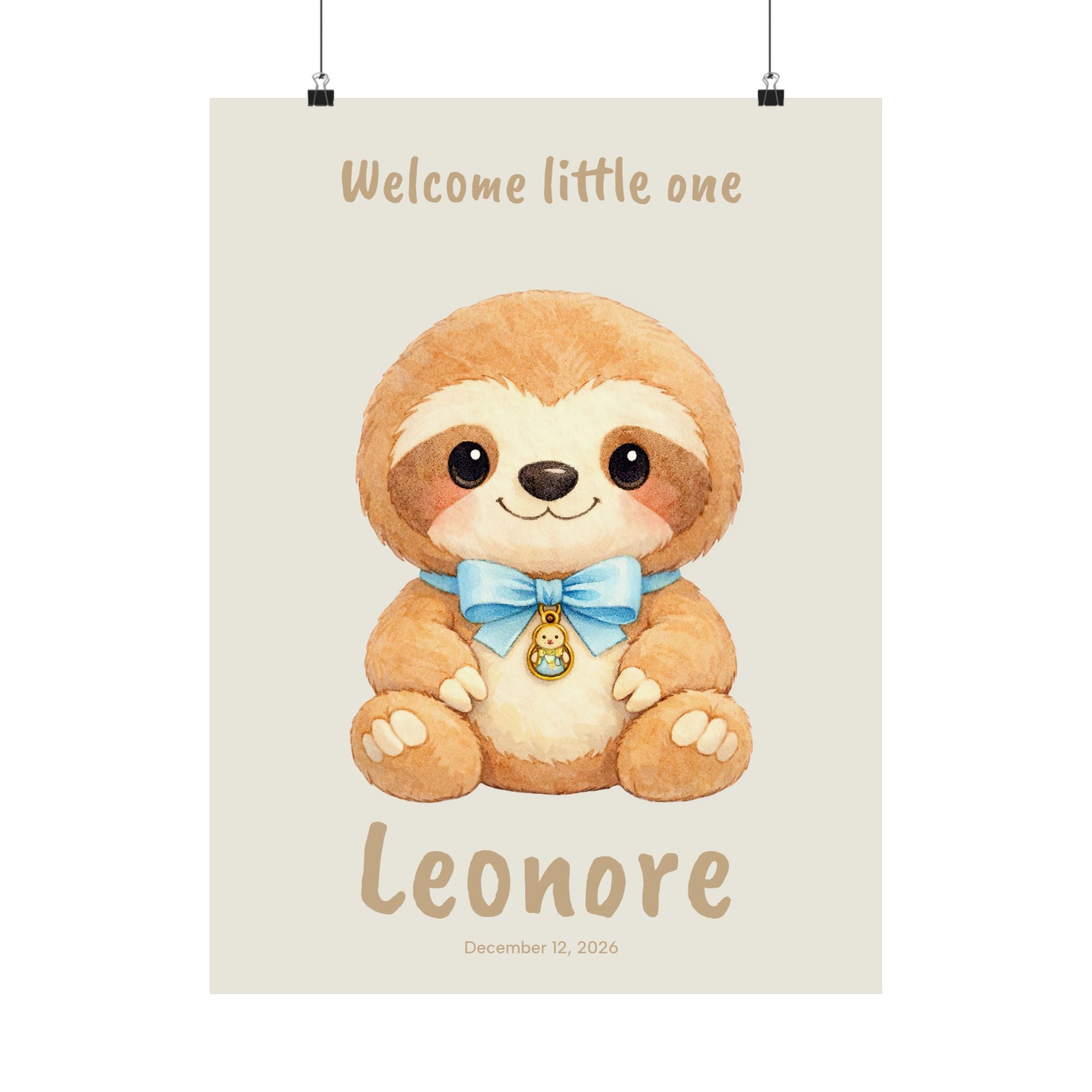 Personalized sloth nursery poster with bow and charm, custom baby name and birth date