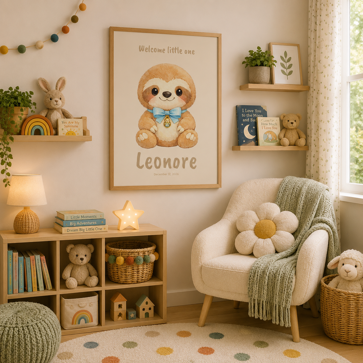 Cute sloth baby name poster displayed in nursery room setting
