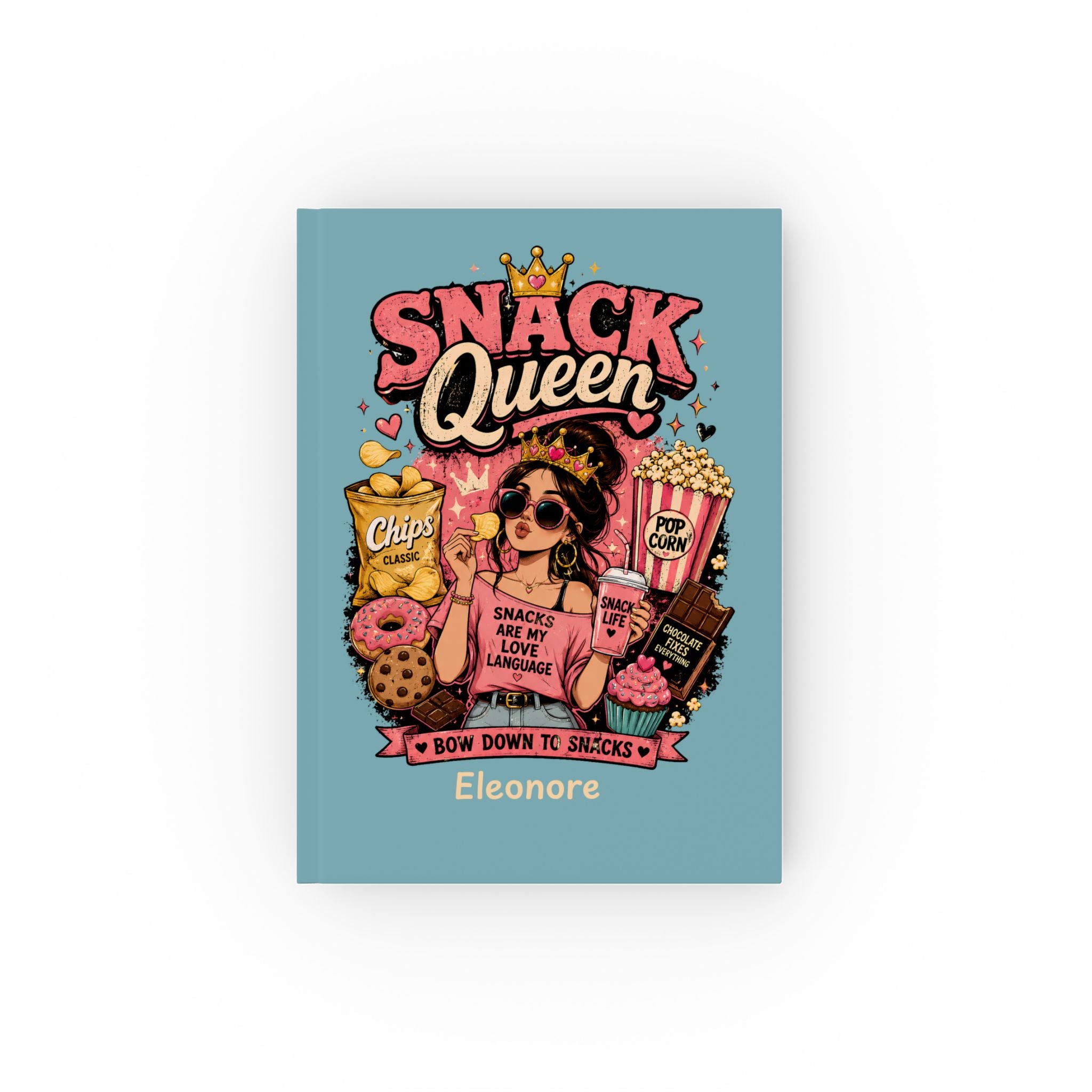 Personalized Snack Queen journal – teal hardcover with illustrated design and name Eleonore