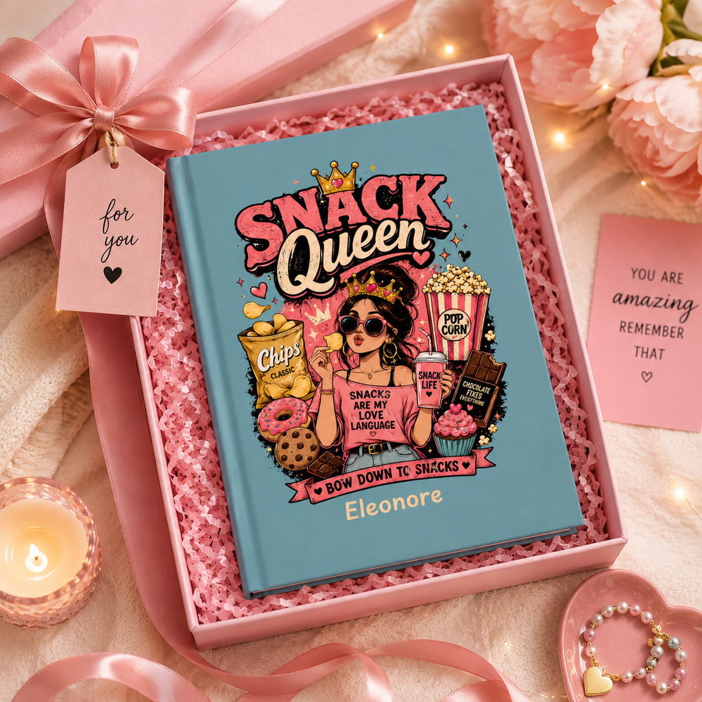 Personalized Snack Queen journal lifestyle – teal hardcover notebook on desk with snacks