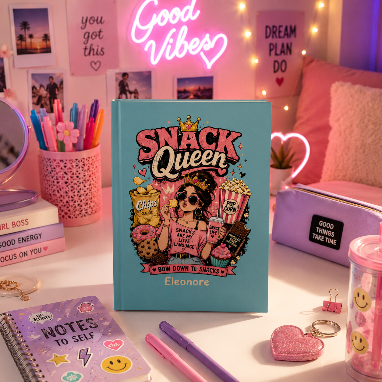 Snack Queen teal journal open flat – casewrap binding and 90gsm lined pages