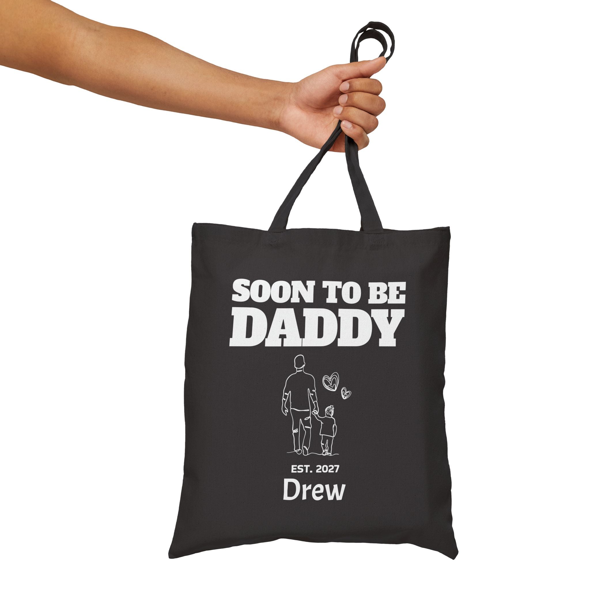 Personalized soon to be daddy canvas tote bag styled in a home setting