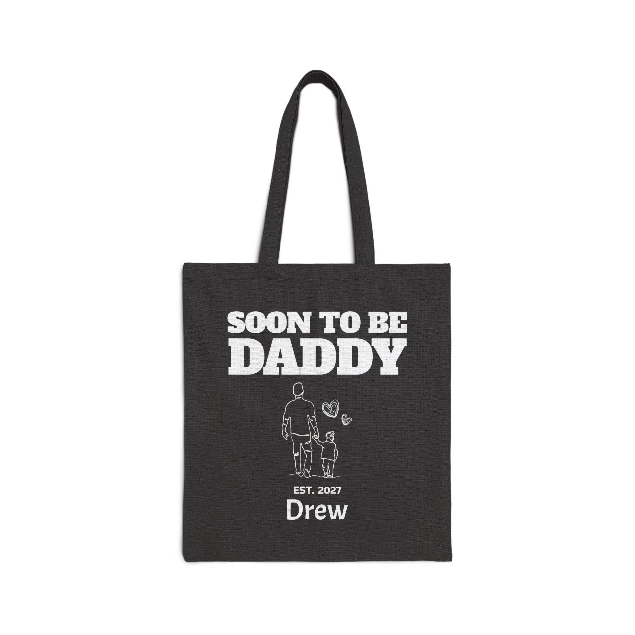 Personalized new dad canvas tote bag with custom name, soon to be daddy line art design