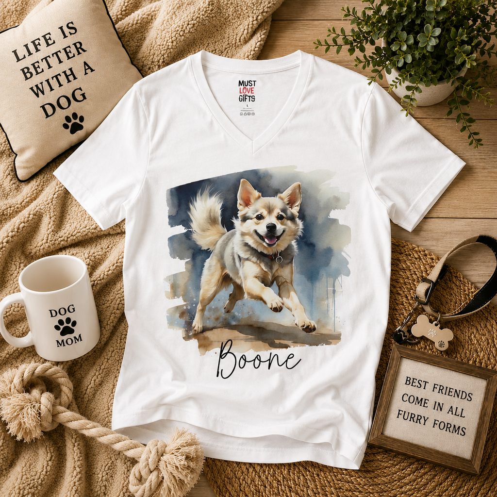 Spitz dog portrait tee detail - watercolor dog running with name in script
