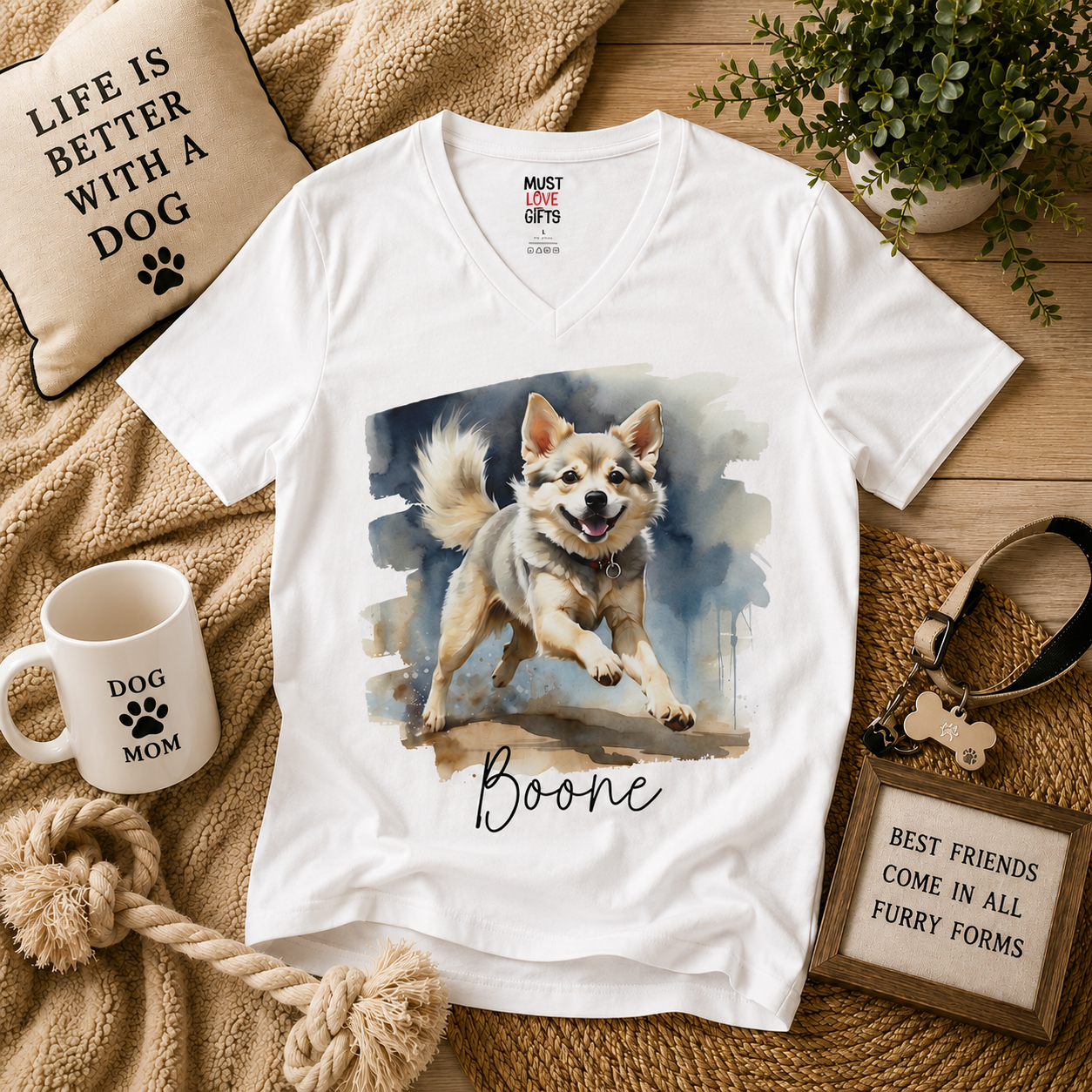 Spitz dog portrait tee detail - watercolor dog running with name in script