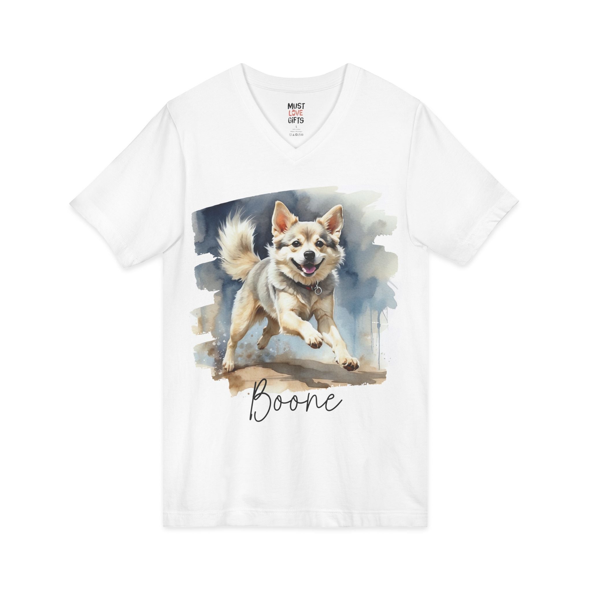 Personalized Spitz dog watercolor V-neck tee front view - white shirt with running dog portrait