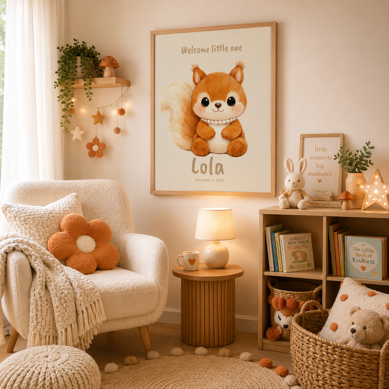 Close-up of squirrel nursery poster showing personalized name and birth date