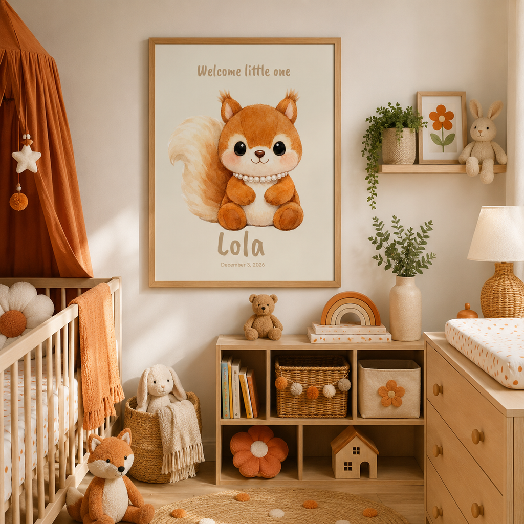 Red squirrel baby name poster displayed in woodland nursery room