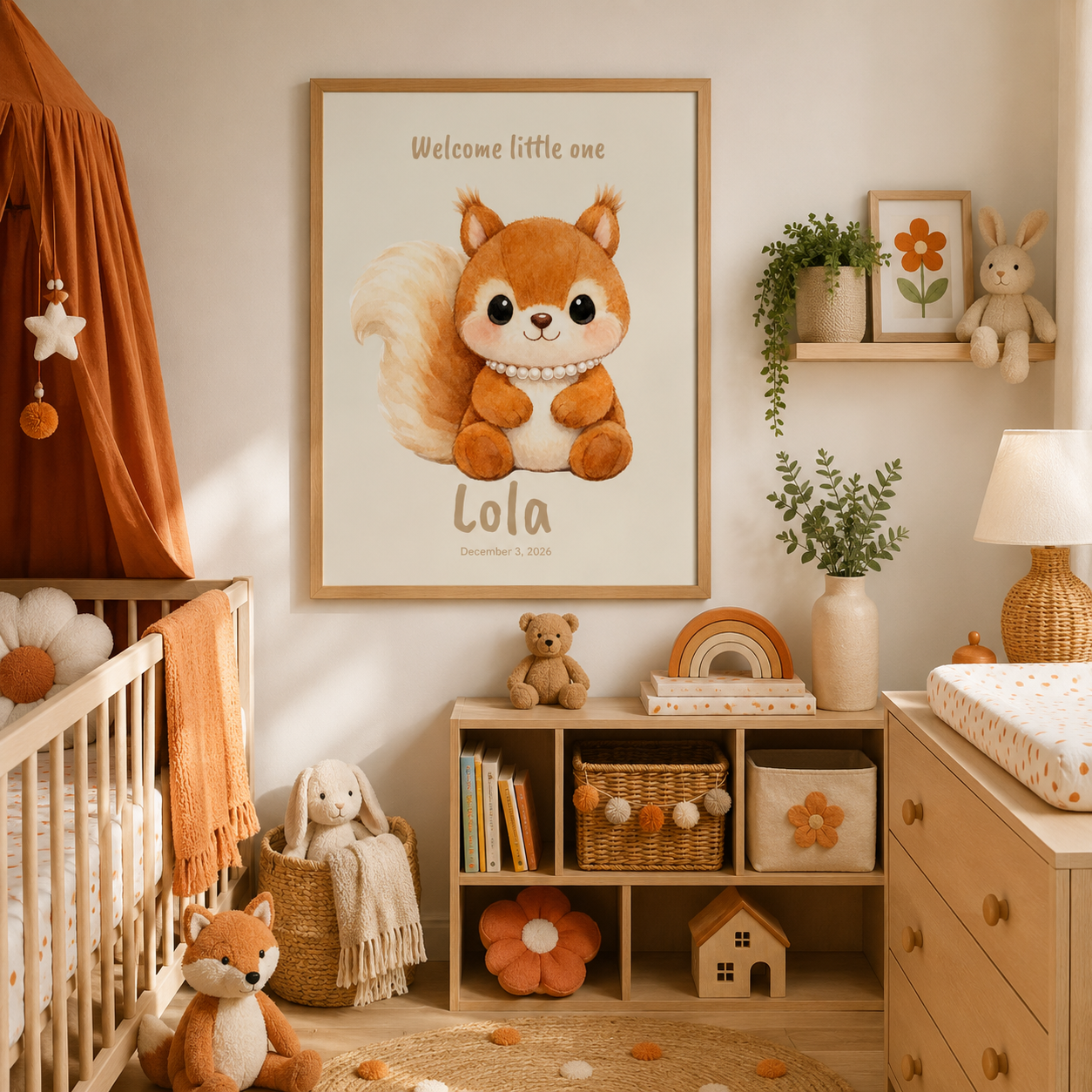 Red squirrel baby name poster displayed in woodland nursery room
