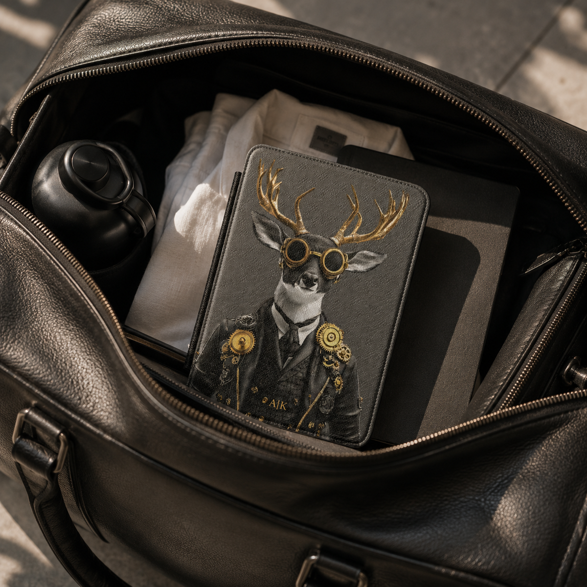 Personalized Stag Kindle case black Saffiano leatherette back cover shown in a black leather travel bag