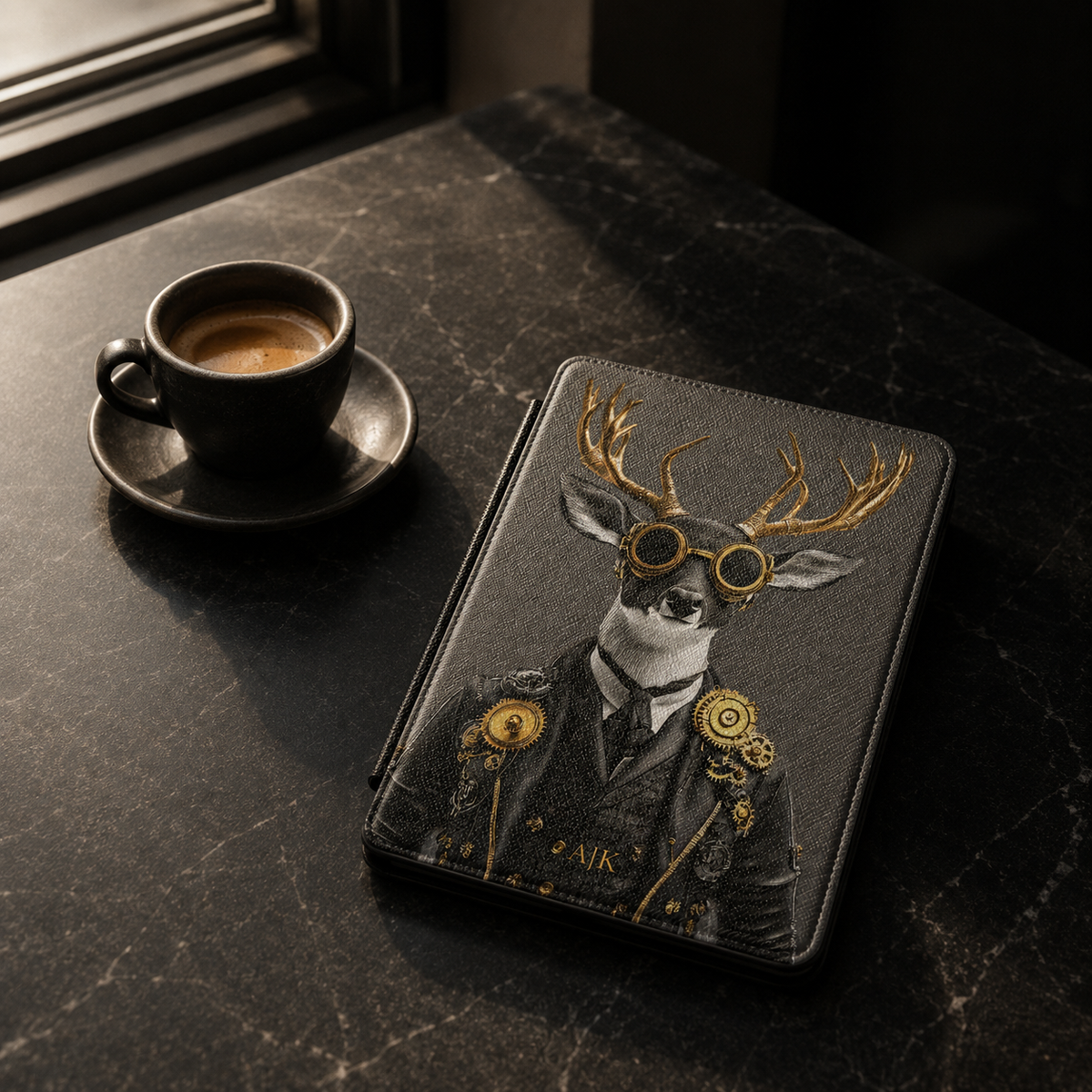Personalized Stag Kindle case shown on a black marble coffee table