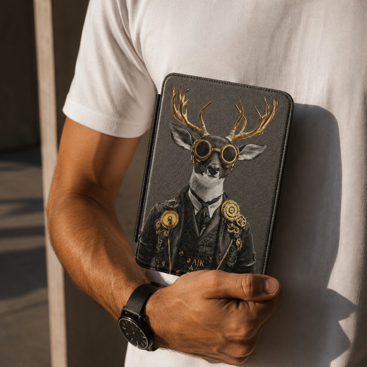 Personalized Stag Kindle case held in hand in front of white t-shirt