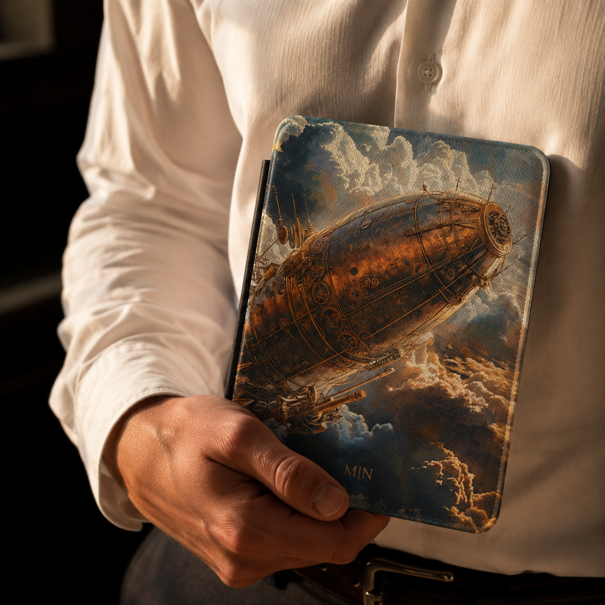 Back cover of the painterly steampunk cloud airship personalized Kindle case
