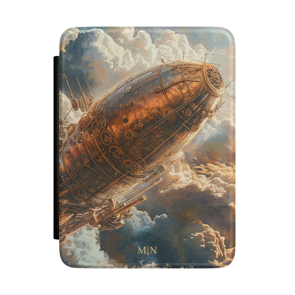 Painterly steampunk cloud airship personalized Kindle case with gold initials, front view