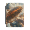 Painterly steampunk cloud airship personalized Kindle case with gold initials, front view