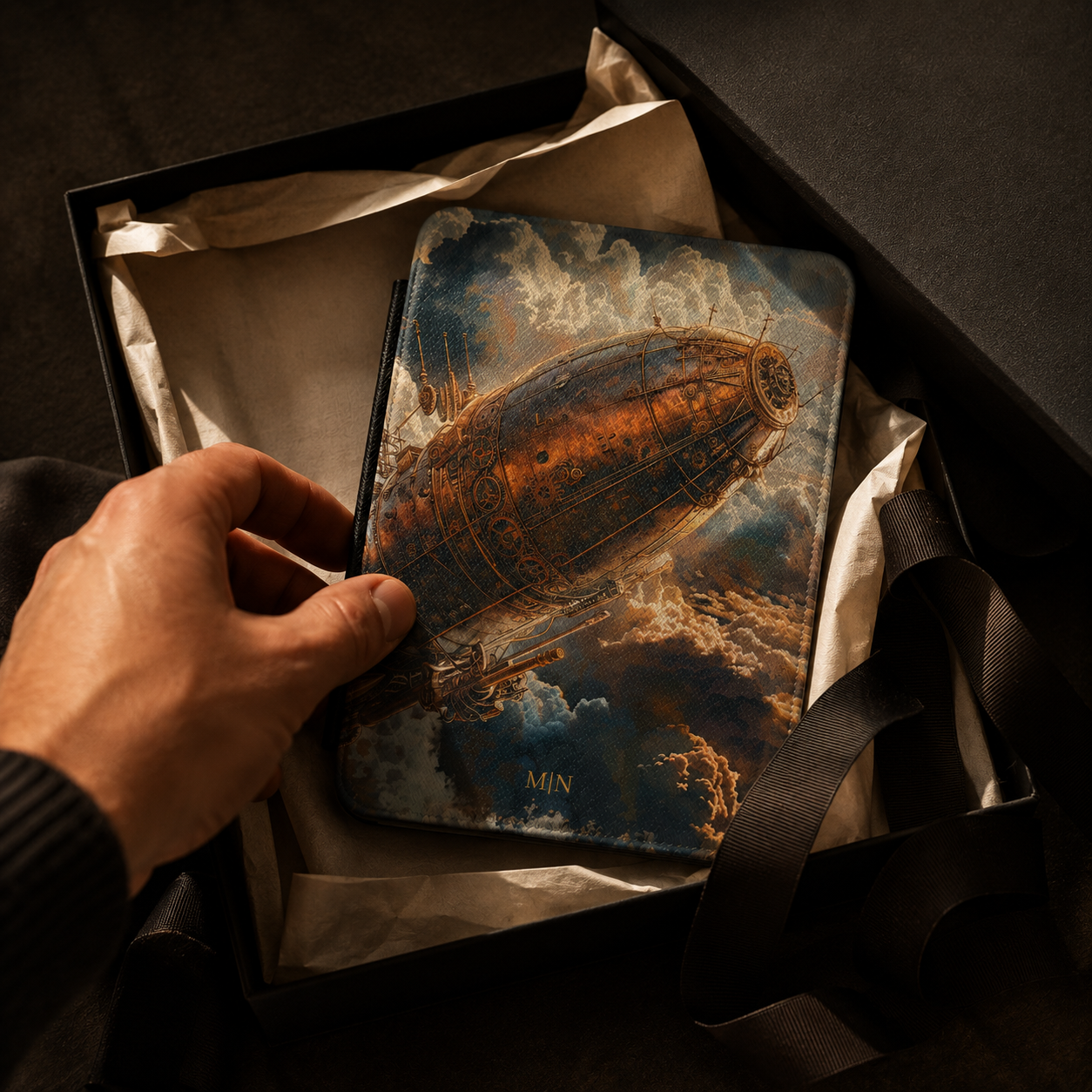 Open interior of the steampunk cloud airship Kindle case showing the fabric lining and TPU shell