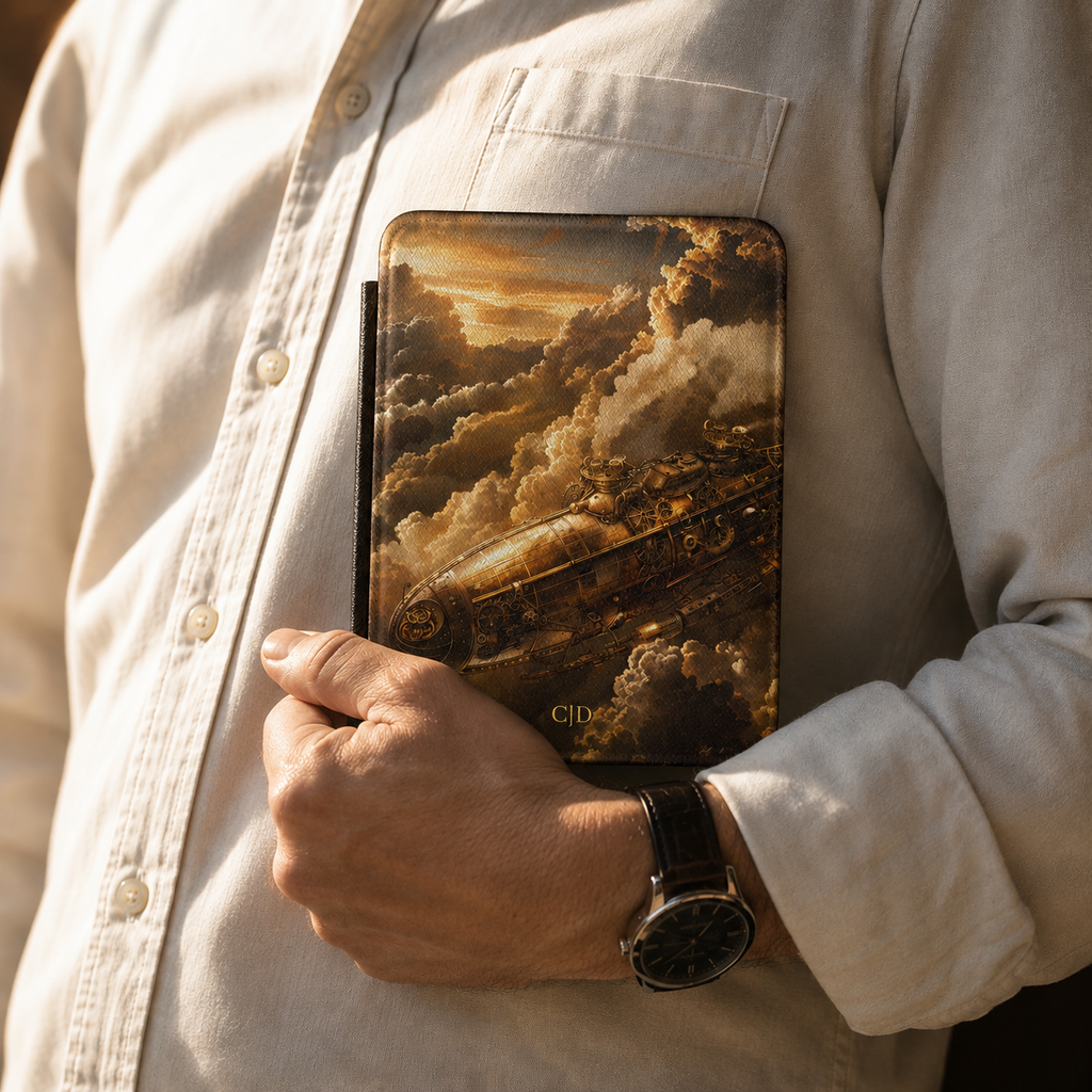 Back cover of the golden steampunk airship personalized Kindle case