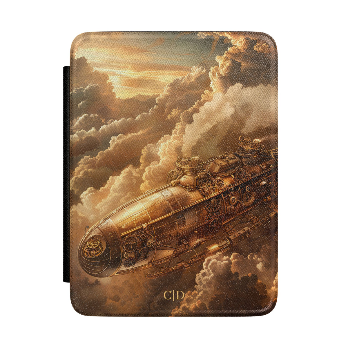 Golden steampunk airship personalized Kindle case with gold initials, front view