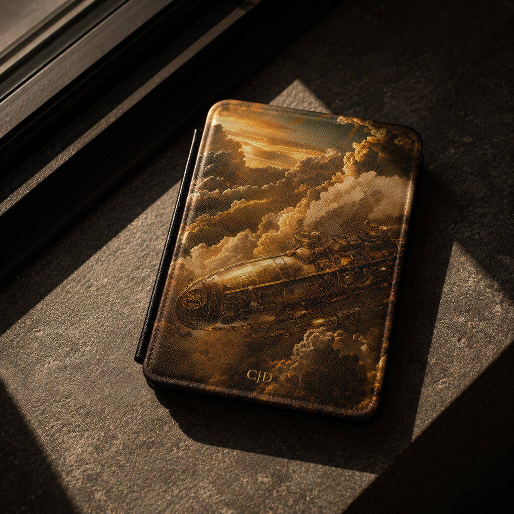 Open interior of the steampunk airship Kindle case showing the fabric lining and TPU shell