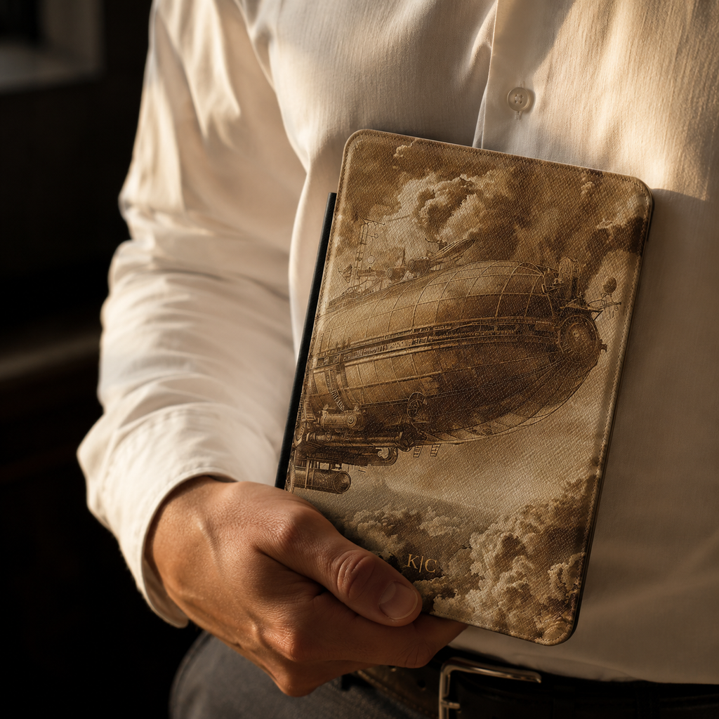 Back cover of the vintage sepia steampunk airship personalized Kindle case