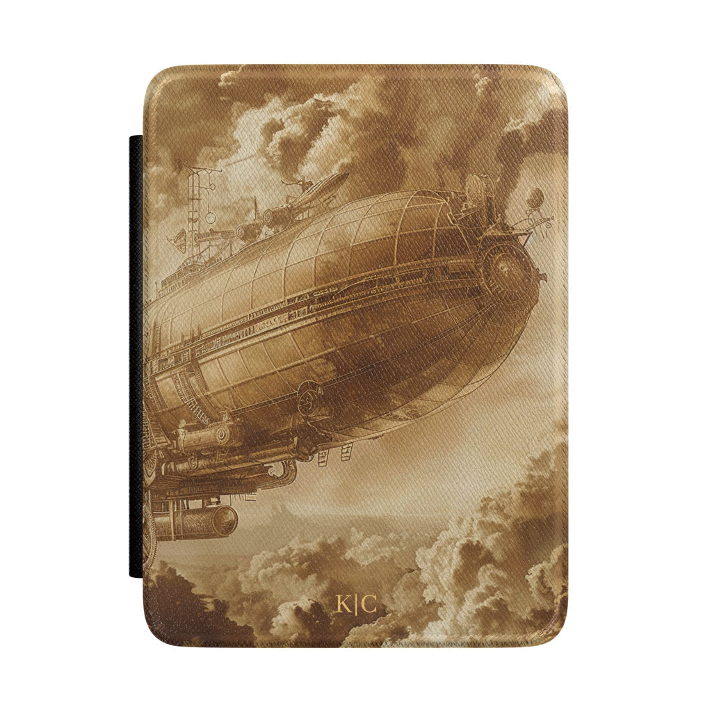 Vintage sepia steampunk airship personalized Kindle case with gold initials, front view