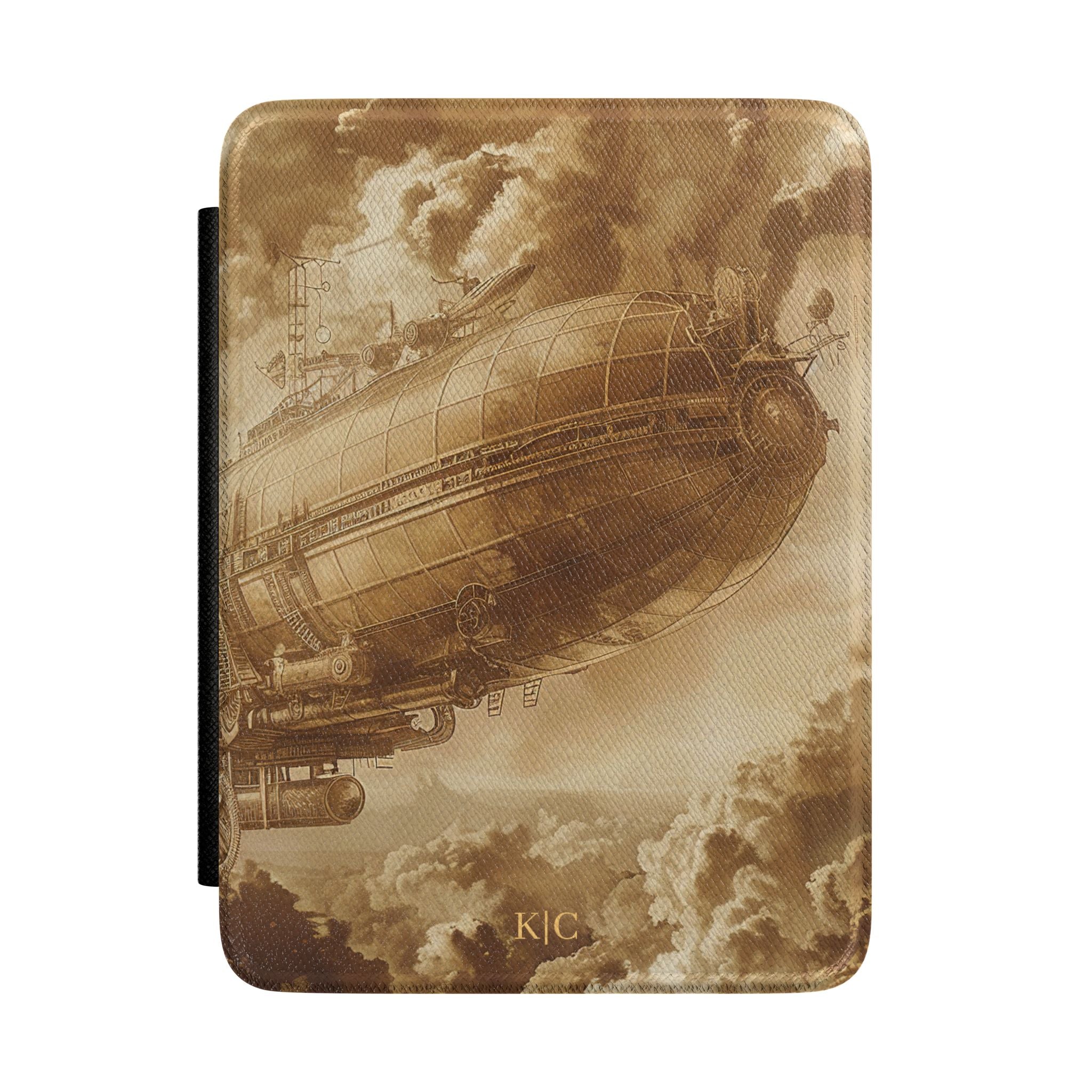 Vintage sepia steampunk airship personalized Kindle case with gold initials, front view