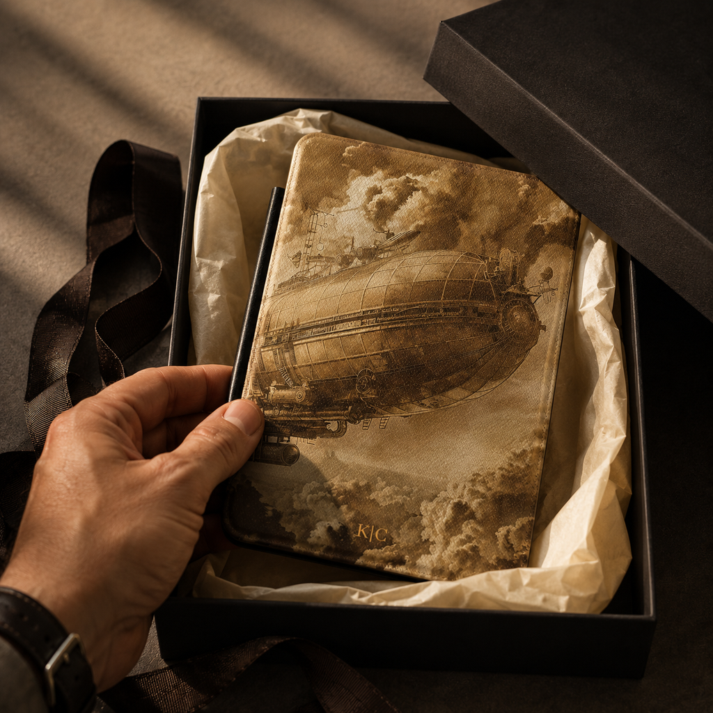 Open interior of the vintage steampunk airship Kindle case showing the fabric lining and TPU shell