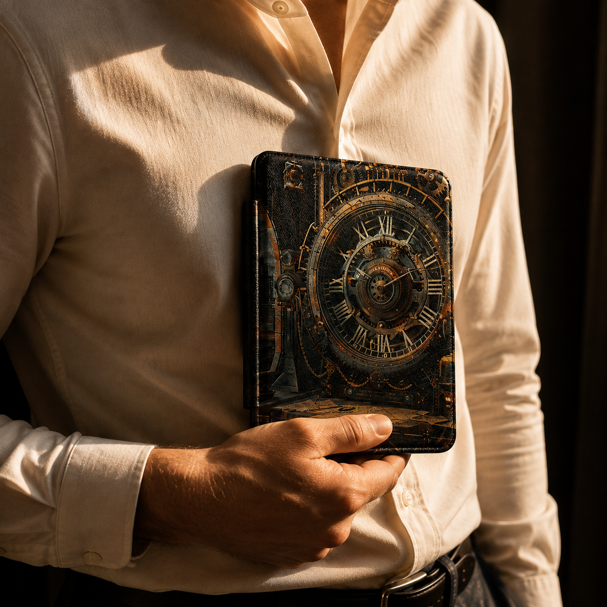 Back cover of the steampunk astronomical clock personalized Kindle case