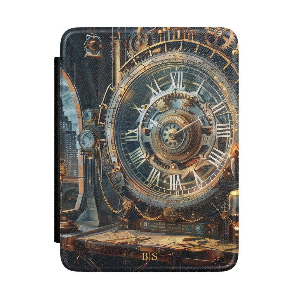 Steampunk astronomical clock personalized Kindle case with gold initials, front view