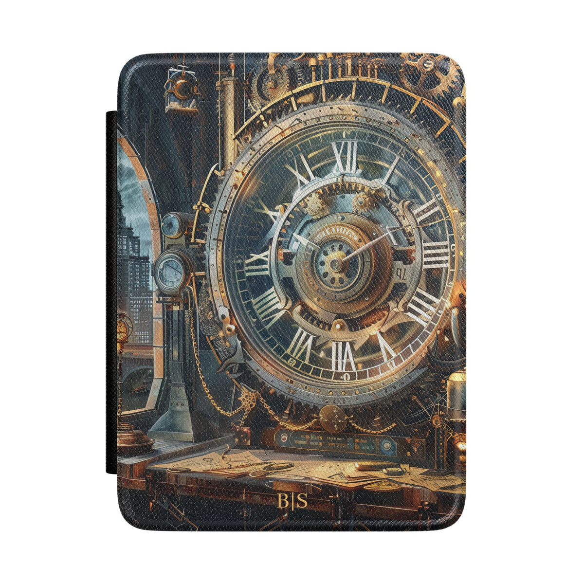 Steampunk astronomical clock personalized Kindle case with gold initials, front view