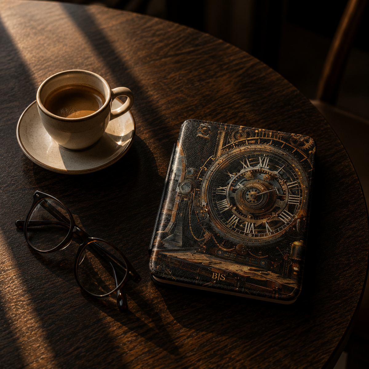 Open interior of the steampunk astronomical Kindle case showing the fabric lining and TPU shell