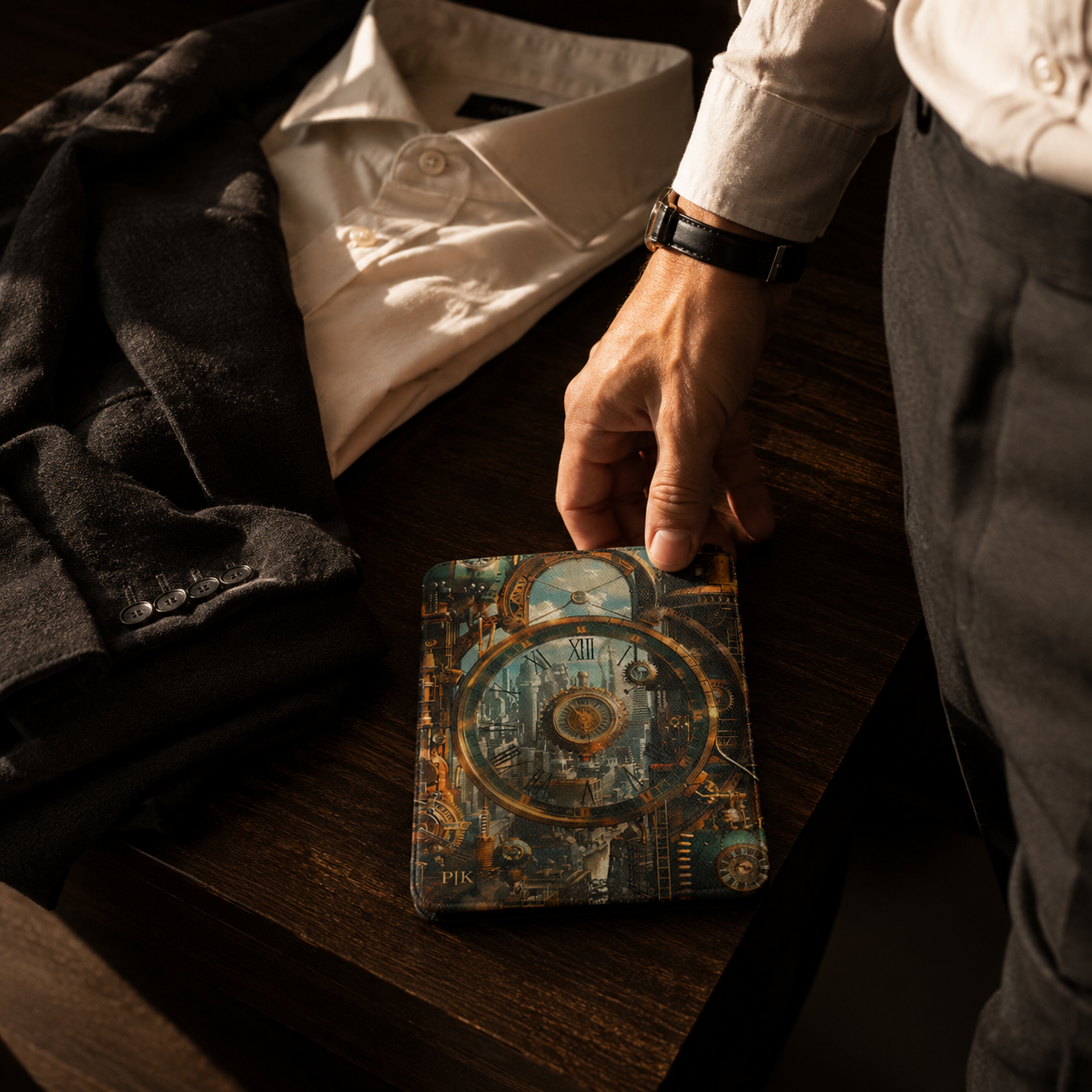 Back cover of the steampunk city clocktower personalized Kindle case