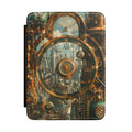 Steampunk city clocktower personalized Kindle case with gold initials, front view