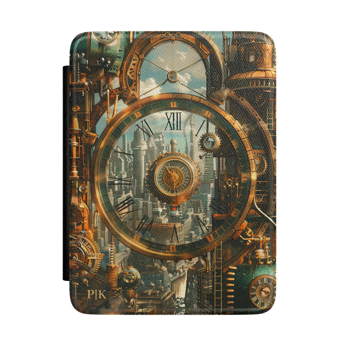 Steampunk city clocktower personalized Kindle case with gold initials, front view