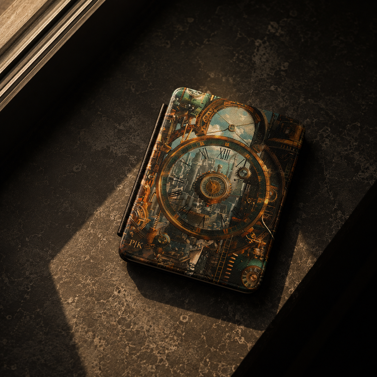 Open interior of the steampunk clocktower Kindle case showing the fabric lining and TPU shell