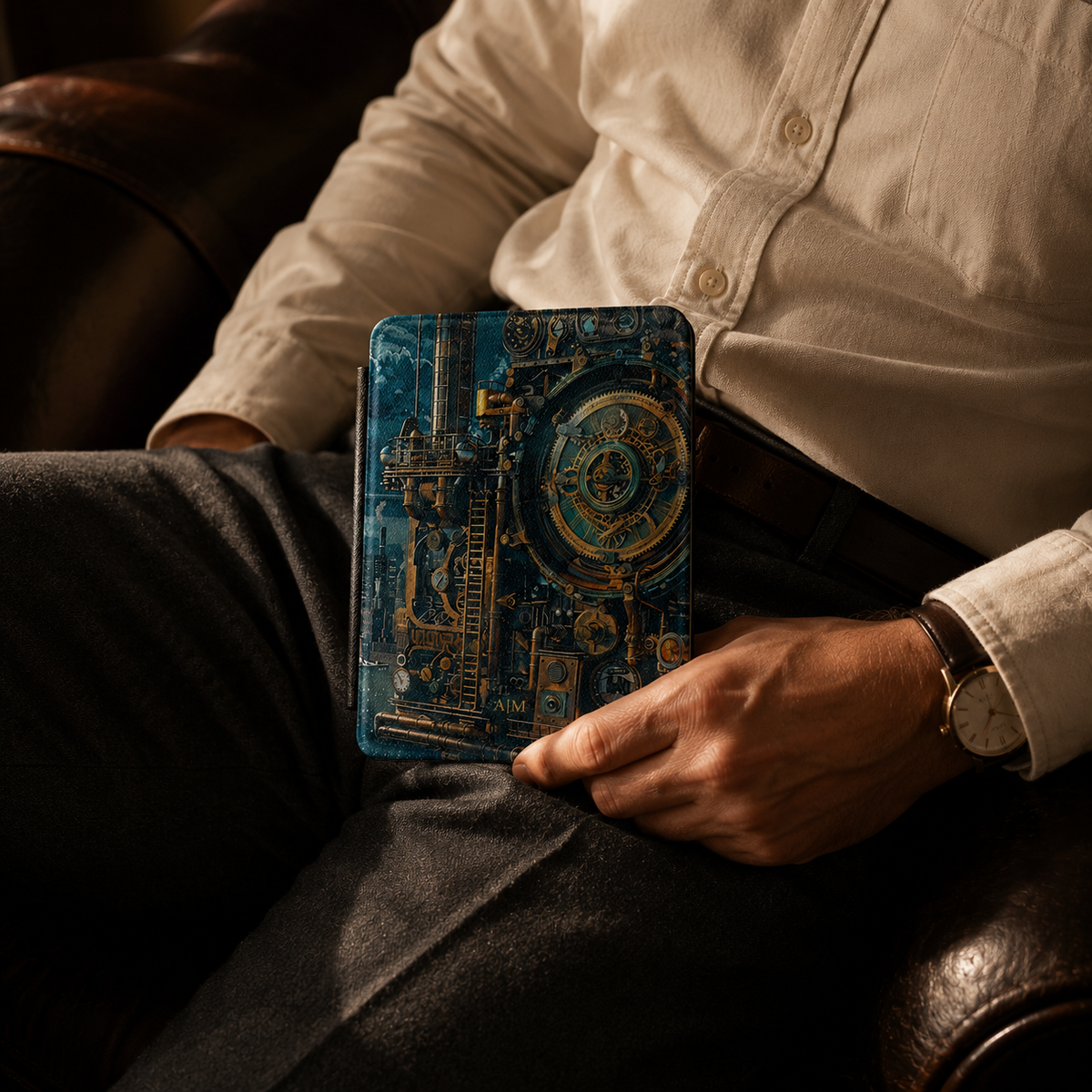 Back cover of the steampunk factory clocktower personalized Kindle case