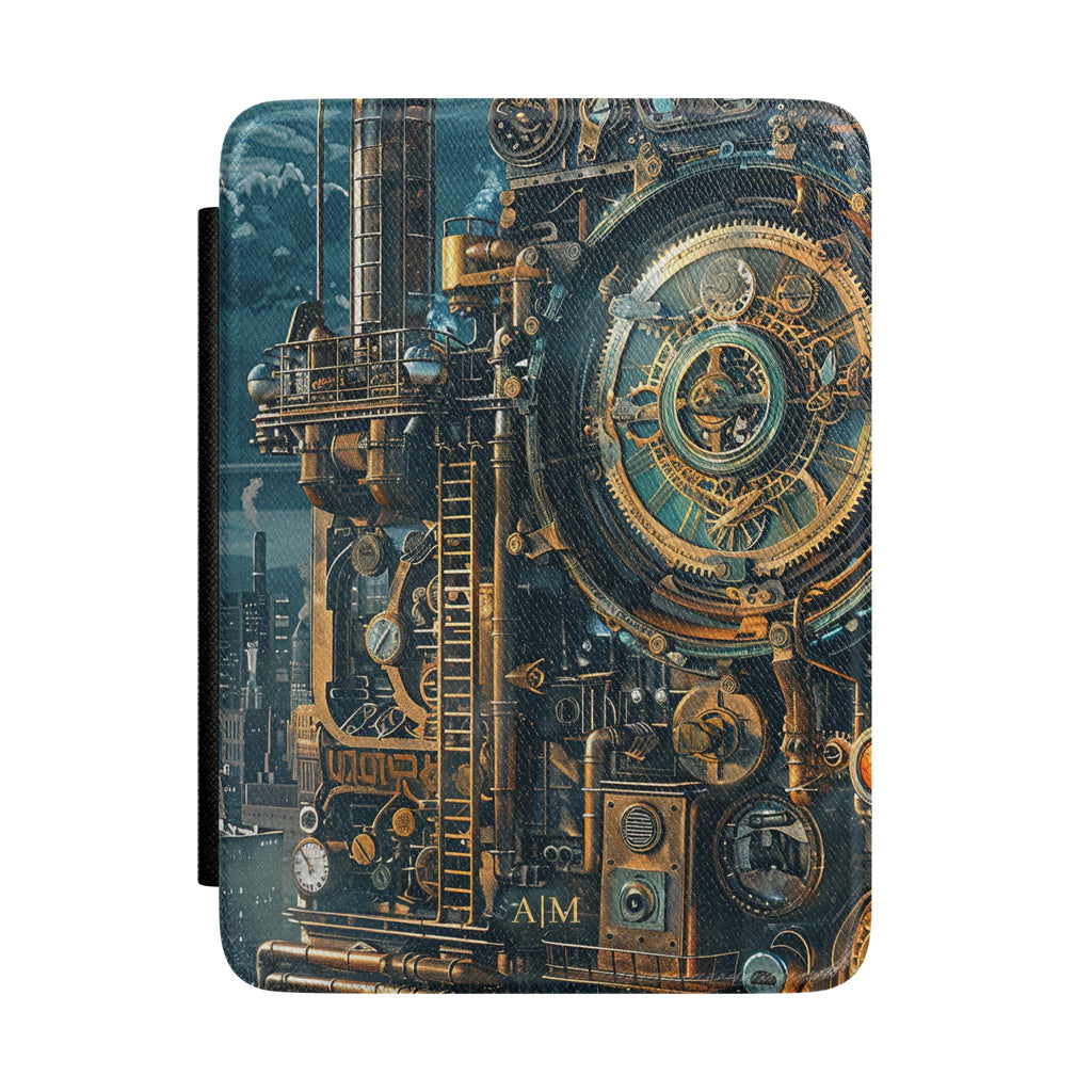Steampunk factory clocktower personalized Kindle case with gold initials, front view