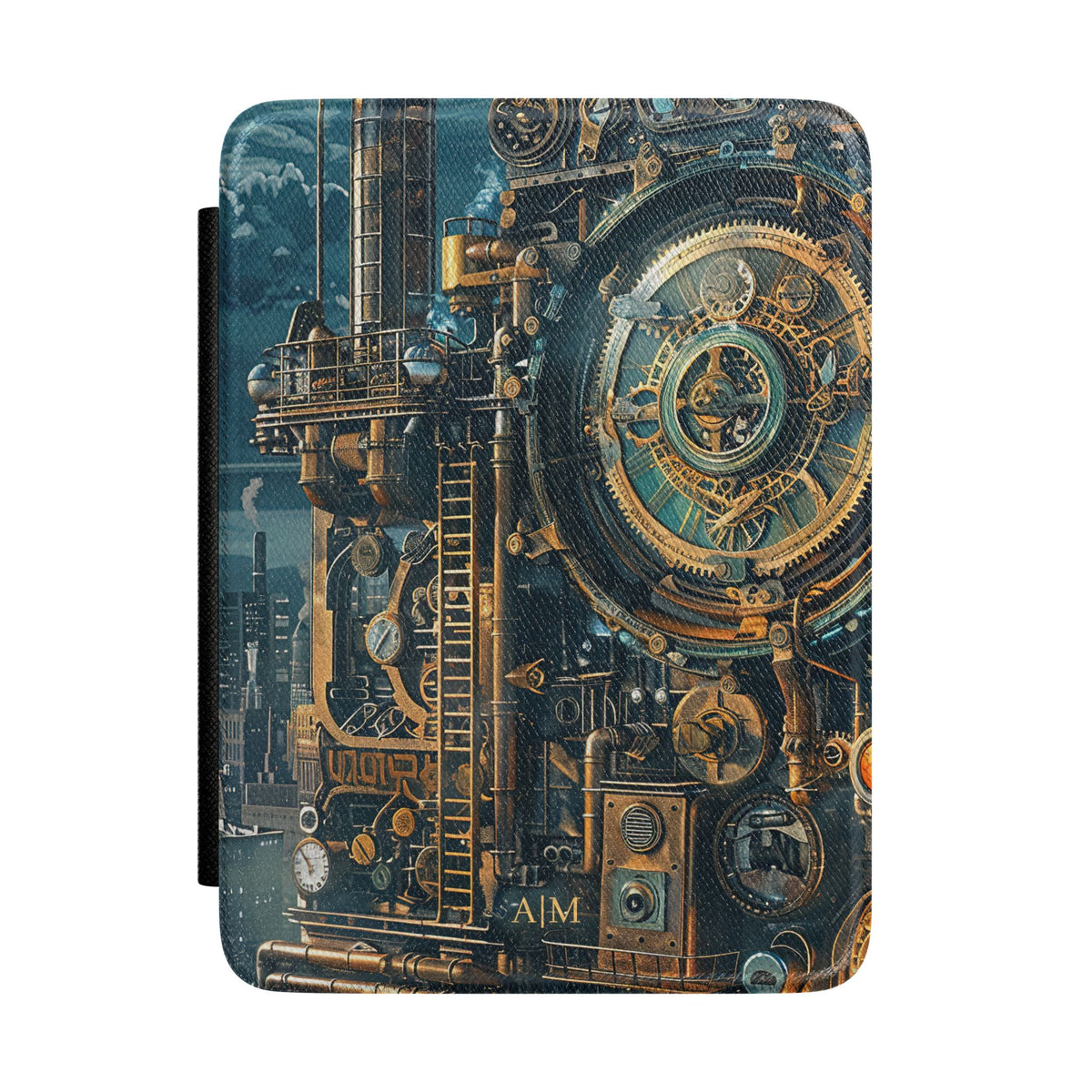 Steampunk factory clocktower personalized Kindle case with gold initials, front view