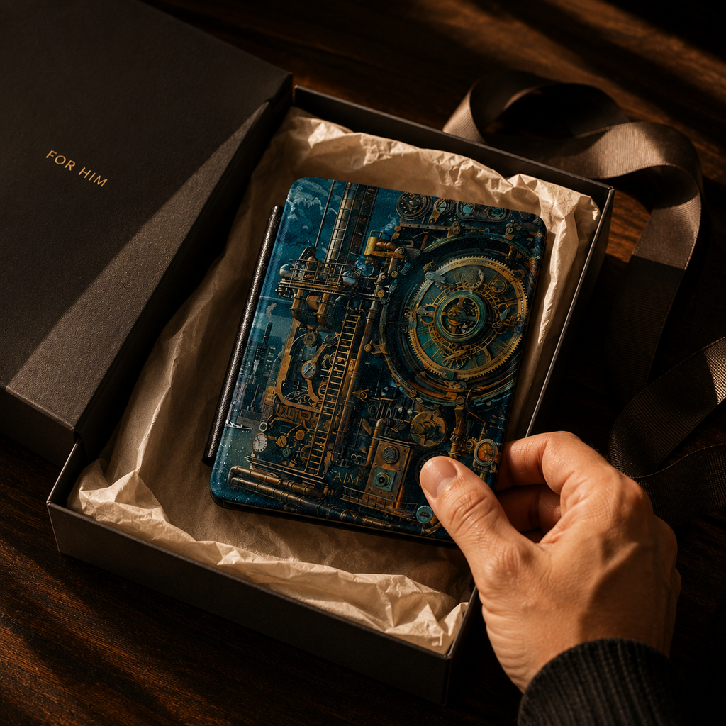 Open interior of the steampunk factory Kindle case showing the fabric lining and TPU shell