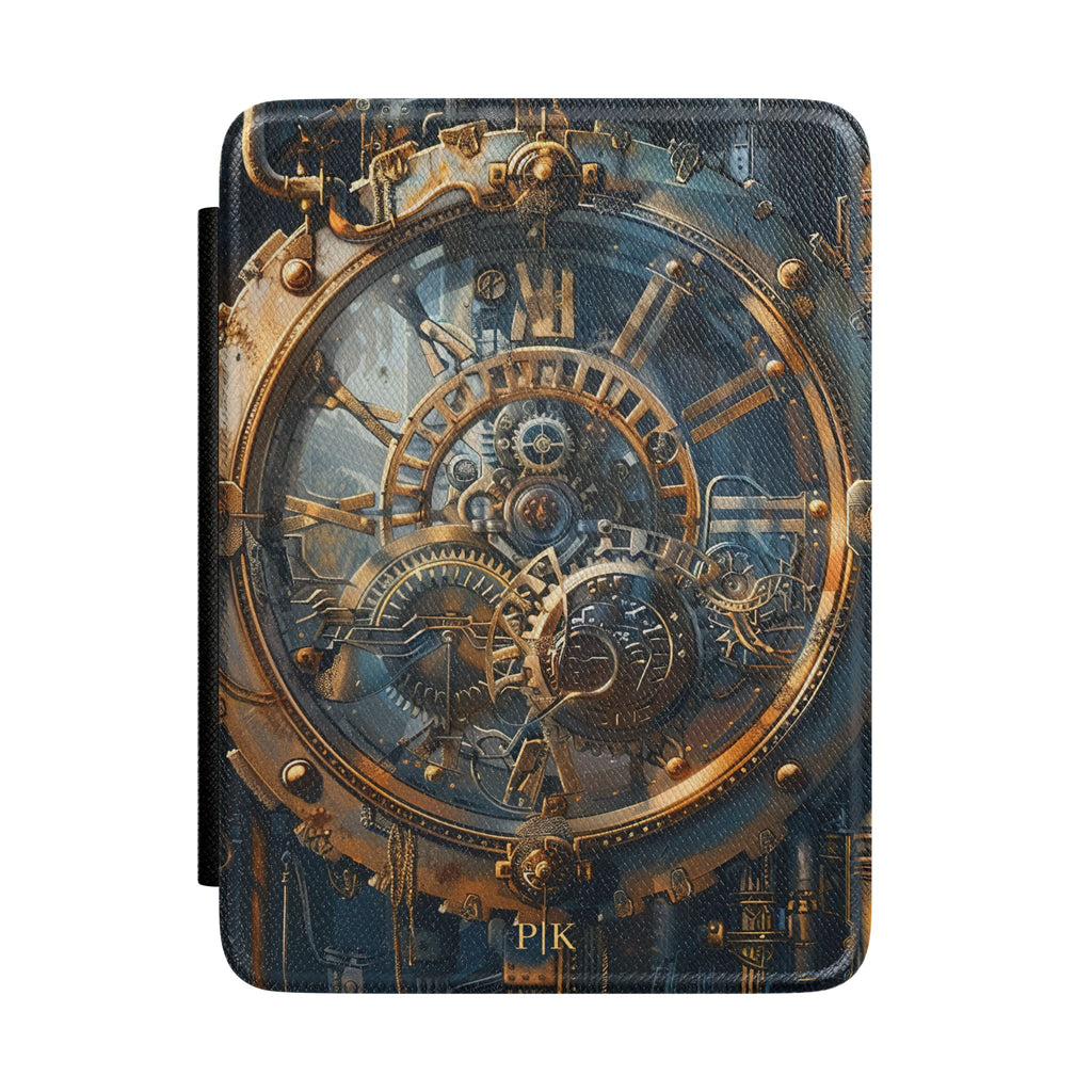 Steampunk gear closeup personalized Kindle case with gold initials, front view