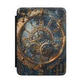 Steampunk gear closeup personalized Kindle case with gold initials, front view
