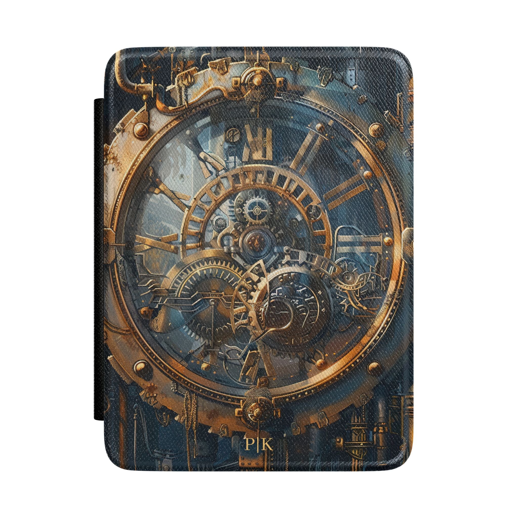 Steampunk gear closeup personalized Kindle case with gold initials, front view