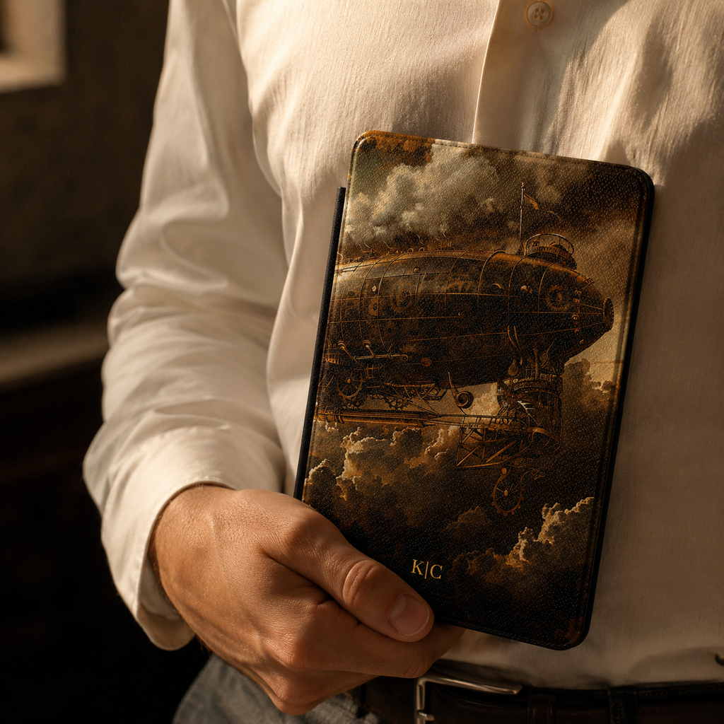 Back cover of the steampunk zeppelin closeup personalized Kindle case